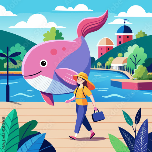 Girl Walking with Pink Whale Along Embankment in Summer – Whimsical Vector Illustration