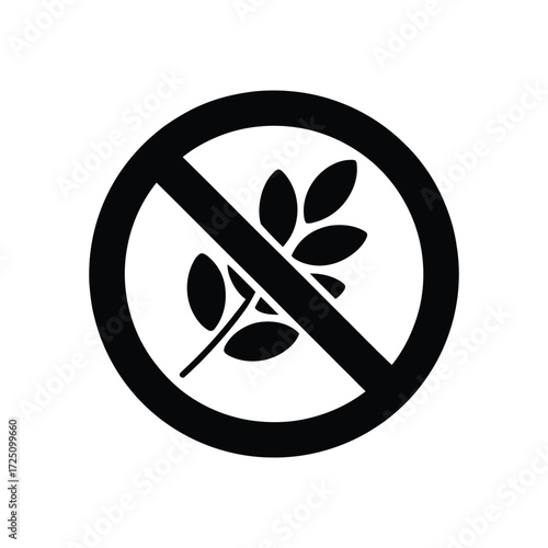 Gluten Free Icon Black Circle with Diagonal Line Over a Sprig of Leaves