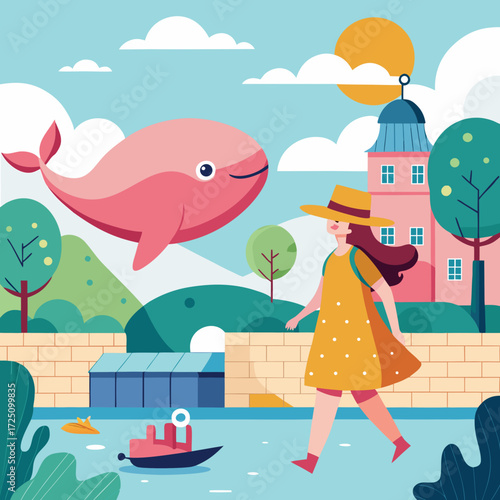 Girl Walking with Pink Whale Along Embankment in Summer – Whimsical Vector Illustration