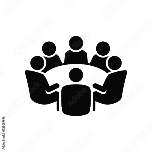 Icon Illustrating a Group Meeting Around a Round Table on White Background