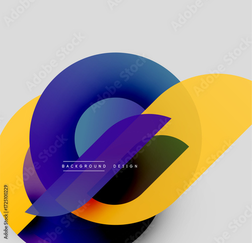 Abstract colorful overlapping circles create dynamic visual effect. Gradient shades blend smoothly, forming modern design element.