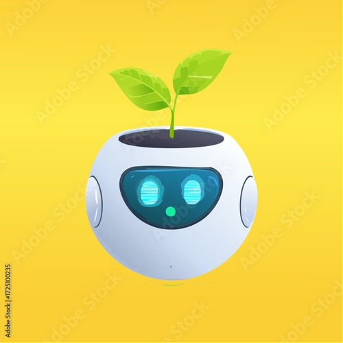 A friendly desktop robot pot with glowing blue LED eyes nurtures a small green sprout, symbolizing the harmony between technology and nature
