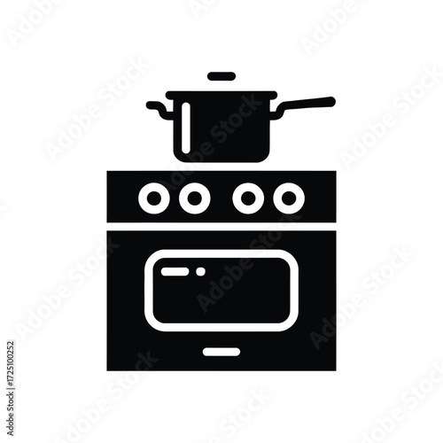 Icon Of Cooking Pot On Stove With Oven In Black And White Style