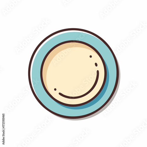 A cartoon-style illustration of a plate with a light blue rim and a pale yellow center. The plate has a dark brown outline and a subtle shadow.