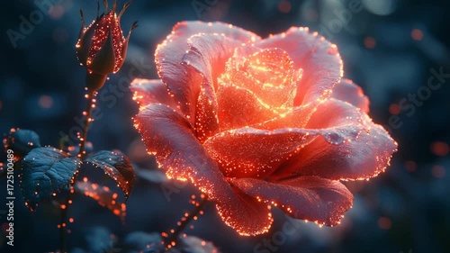 Glowing Rose with Dew Drops in Mystical Garden Setting