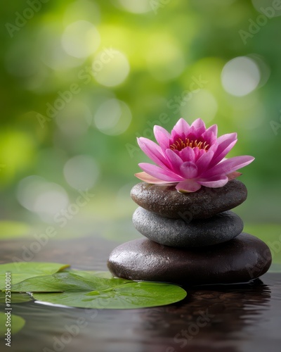 Zen Harmony: A perfect stack of smooth stones crowned by a vibrant pink lotus flower, poised in a tranquil pool of water, embodies peace, balance and mindfulness.