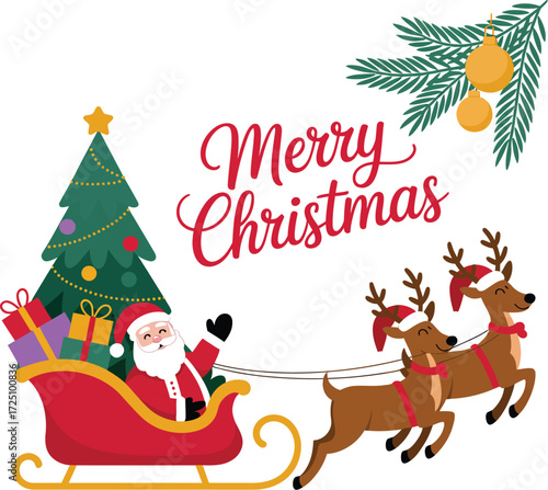 Santa Claus flying in his sleigh pulled by reindeer, delivering gifts with a festive Christmas tree.