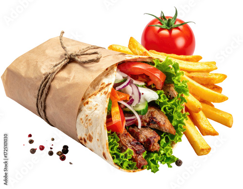 Wallpaper Mural A flavorful wrap filled with grilled meat, veggies, and served with fries Torontodigital.ca