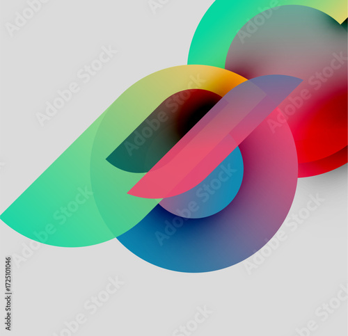 Abstract colorful shapes overlap, creating dynamic visual effect. Gradients blend smoothly, forming fluid composition. Modern design.