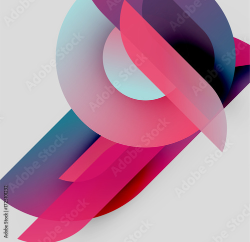 Abstract composition featuring overlapping translucent shapes. Pink, blue, purple hues create dynamic visual effect. Modern design.