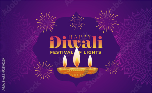 Elegant Happy Diwali festival of lights poster background with decorative golden diya, mandala ornaments, and sparkling fireworks. Best for Diwali 2025 designs