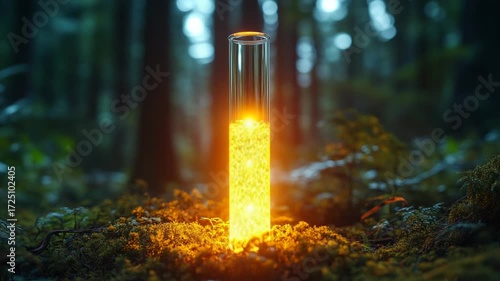 Glowing Test Tube in Enchanted Forest at Dusk