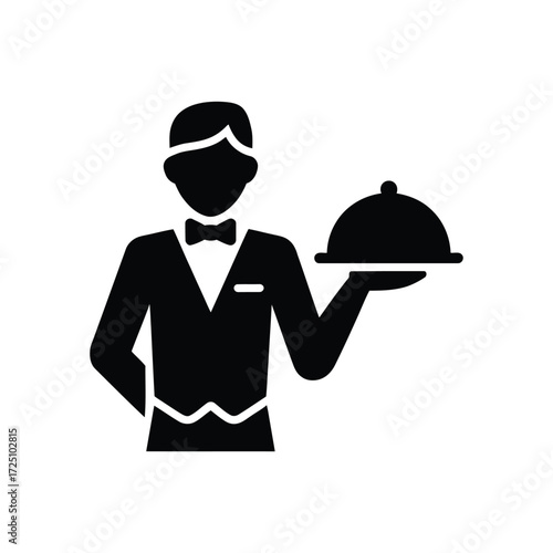 Silhouette Of Butler In Bow Tie Holding Serving Tray On White Background Icon