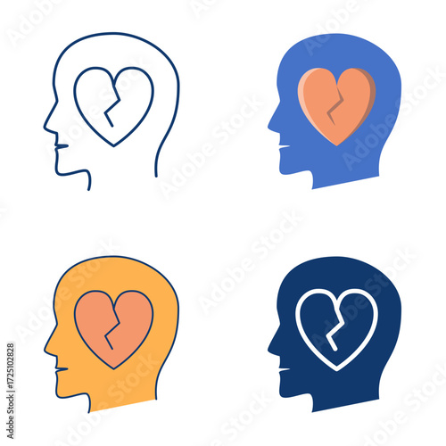 Head with broken heart flat and line icon set