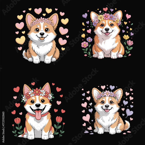 Four corgis wearing flower crowns puppy hearts