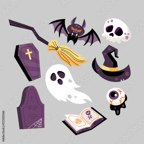 Cute spooky Halloween icons set: ghost, bat, skull, witch hat, broom, coffin, tombstone, eyeball, spellbook.