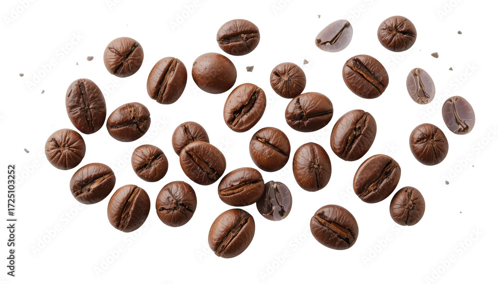 Fototapeta premium A top-down view of approximately 10-15 realistic roasted coffee beans, casually scattered and showing varied textures and colors, isolated on a transparent background.