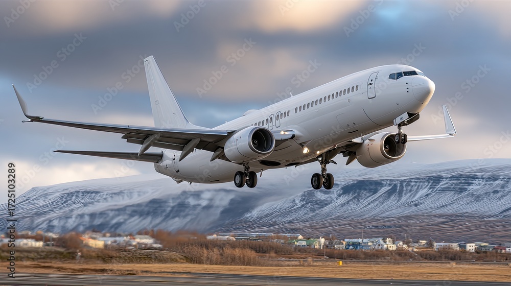 Obraz premium A commercial aircraft approaches the runway against a backdrop of stunning mountains and a clear sky in the afternoon light