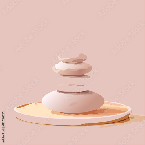 Firefly inspired balancing act of three smooth river pebbles stacked; spa-like lighting, calming and relaxing art