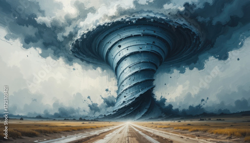 A low-poly 3D render of a tornado, with sharp geometric facets, presented on a stark white background.