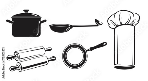 Cooking Utensils Set chef hat pot pan rolling pin monochrome design Vector illustration Isolated on white background