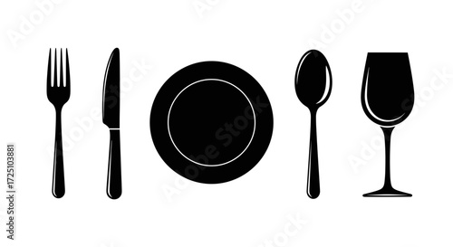 Set of cutlery icons fork knife spoon plate glass Minimalist black design Isolated on white backgroud