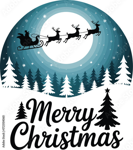 Magical Christmas Eve with Santa's sleigh flying over snowy forest under a full moon.
