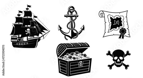 Pirate treasure icons set nautical theme black and white vector illustration