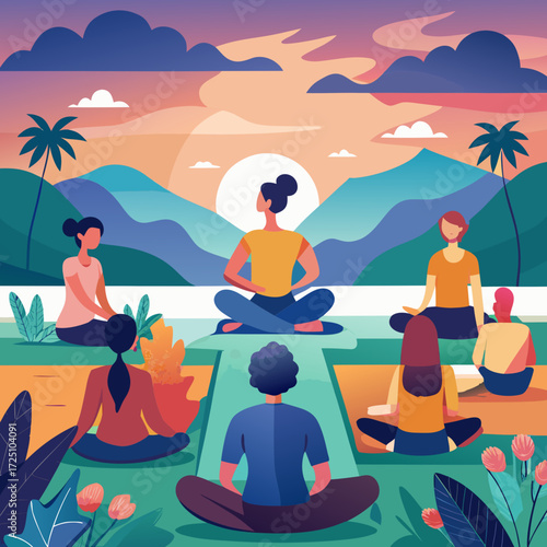 Group Yoga Retreat at Sunset – People Meditating Outdoors in Harmony