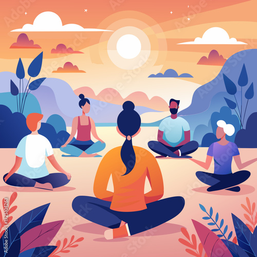 Group Yoga Retreat at Sunset – People Meditating Outdoors in Harmony