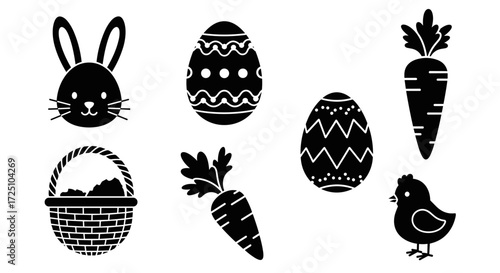 Easter icons set bunny egg carrot chick basket Black silhouette design Vector illustration  