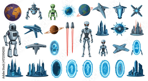Set of 25 futuristic space icons alien robots spaceship and city portal Vector illustration Isolated on white background