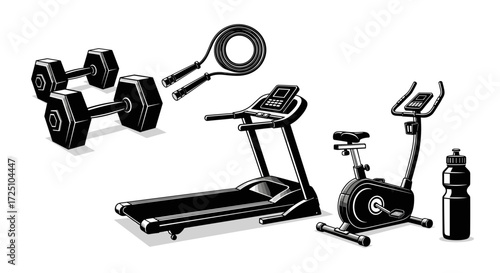 Gym equipment including treadmill, bike, dumbbells, jump rope, bottle