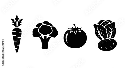 Vegetable icon set featuring carrot, broccoli, tomato, and cabbage