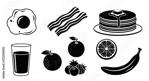 Breakfast food set illustration, including egg, bacon, pancake, juice