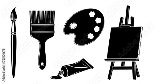 Artistic tools silhouette, including brush, palette, and easel for painting