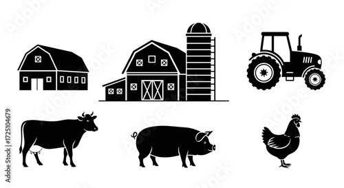 Farm animals and buildings silhouette collection barn, pig, cow, tractor
