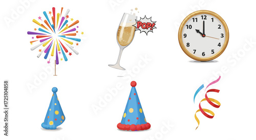 New years eve party elements, including fireworks and party hats