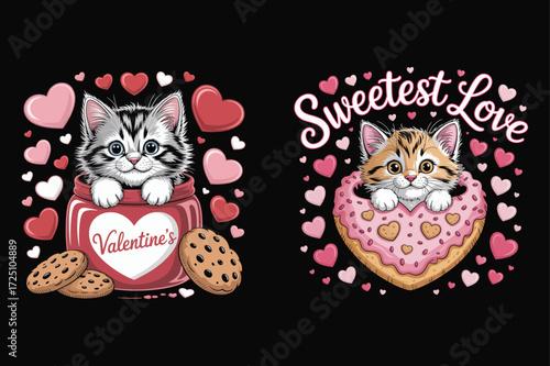 Cute cats with hearts and sweets kitten valentine