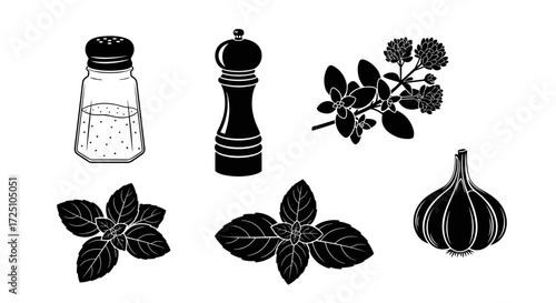 Salt, pepper, oregano, basil and garlic in black and white style