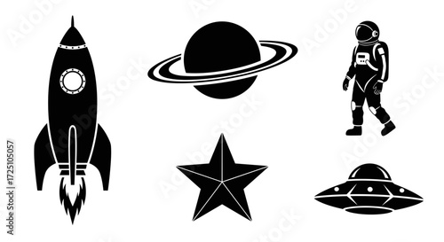 Illustration of a rocket, planet, astronaut, star, and ufo