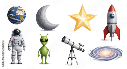 Collection of space elements including earth, moon, star, rocket, astronaut