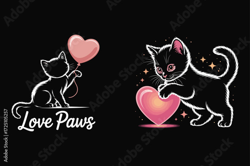 Black kittens with hearts and balloon love