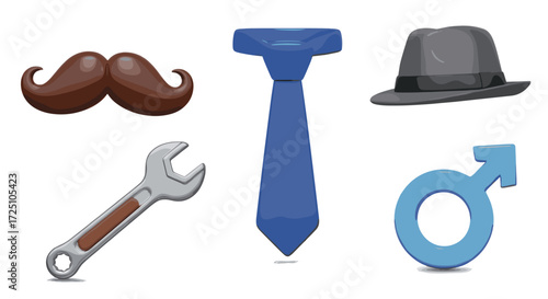 Fathers day elements including mustache, tie, hat, wrench, and male symbol