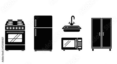 Kitchen appliances icons set, including oven, refrigerator, sink, microwave, and cabinet