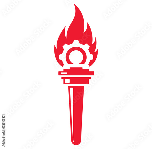 Red torch symbol with gear wheel inside flames representing innovation and ideas concept