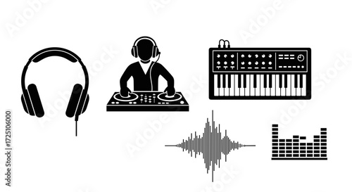 Illustration of a dj with headphones, synthesizer, sound wave, and equalizer