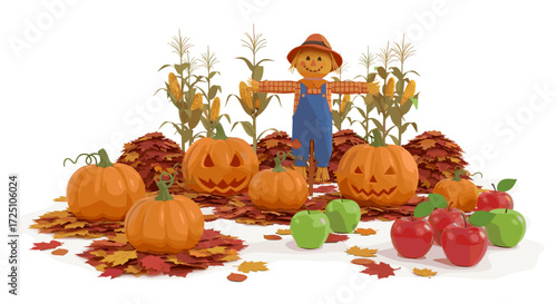 Festive autumn display featuring pumpkins, apples, corn stalks, scarecrow