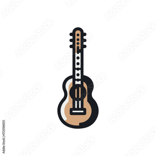 A beautifully designed acoustic guitar standing upright against a plain background, symbolizing music