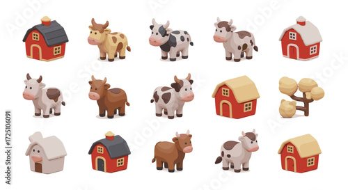 Collection of miniature farm animals and buildings